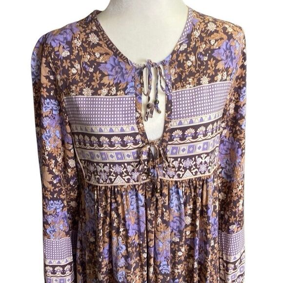 R Vivimos Dress Brown Purple Floral Boho Peasant Bead Tie Rayon Midi Size Small - Picture 2 of 7